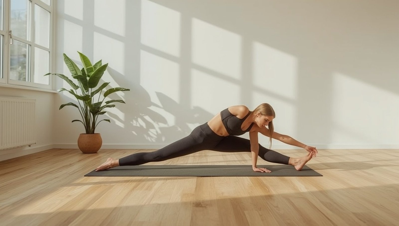 Frau macht seitliche Dehnübung auf Fitnessmatte in hellem Wohnzimmer