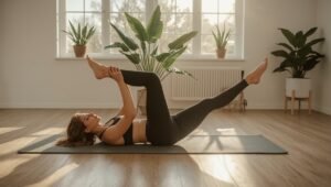 Frau macht eine Pilates-Übung auf einer Matte im hellen Wohnzimmer zu Hause